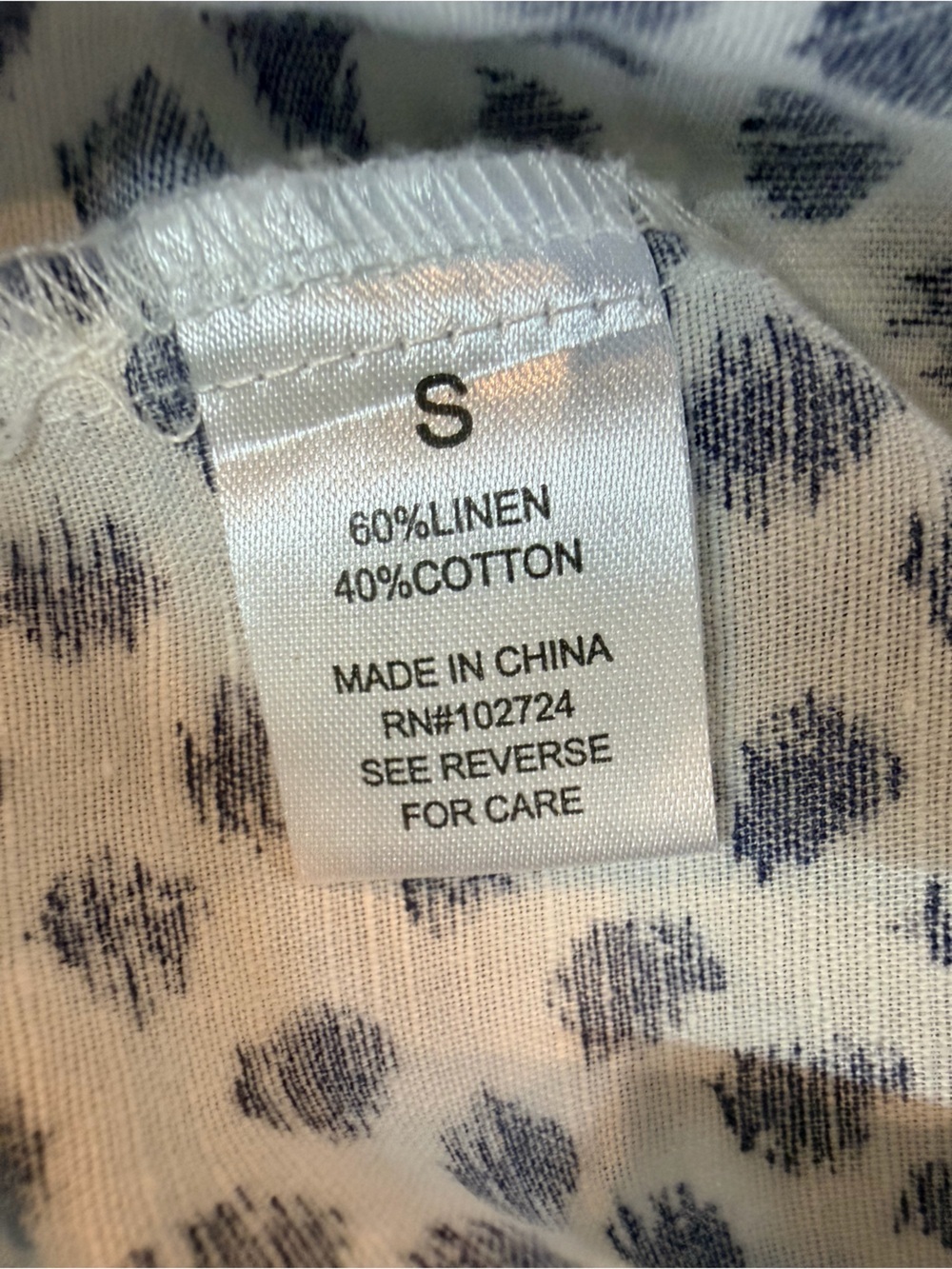 Hester & Orchard Linen Blend Button Front Blouse Small Navy White Print Top - Picture 6 of 9